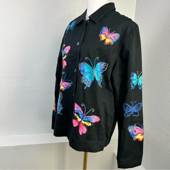 Easy Spirit 100% Cotton Black Button Up Breaded Butterfly Jacket Women’s Size L - Picture 4 of 14